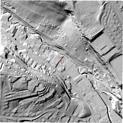 Shaded relief map of the ground around LS72JL, computed from Environment Agency LiDAR. The ground here sits at about 41 m above sea level and falls 70 m across the surrounding 800 m. Surface water reaching this point runs off ground lying to the west-south-west, 6.7 m higher.