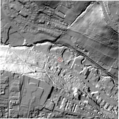 Shaded relief map of the ground around LS72LP, computed from Environment Agency LiDAR. The ground here sits at about 48 m above sea level and falls 73 m across the surrounding 800 m. Surface water reaching this point runs off ground lying to the south-west, 47.6 m higher.
