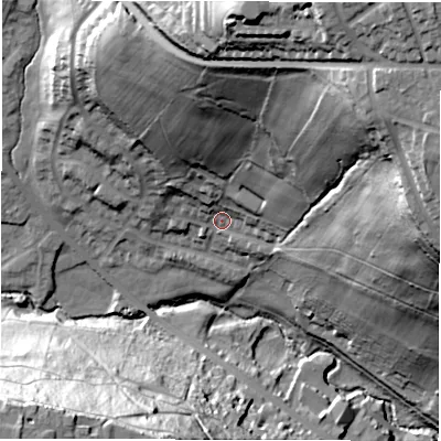 Shaded relief map of the ground around LS72QF, computed from Environment Agency LiDAR. The ground here sits at about 55 m above sea level and falls 77 m across the surrounding 800 m. Surface water reaching this point runs off ground lying to the north-east, 58.6 m higher.