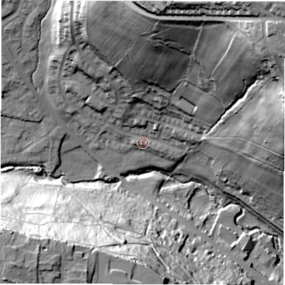 Shaded relief map of the ground around LS72QG, computed from Environment Agency LiDAR. The ground here sits at about 51 m above sea level and falls 74 m across the surrounding 800 m. Surface water reaching this point runs off ground lying to the north-east, 61.8 m higher.