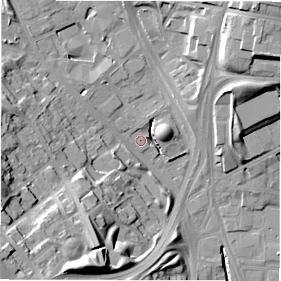 Shaded relief map of the ground around LS72RB, computed from Environment Agency LiDAR. The ground here sits at about 35 m above sea level and falls 35 m across the surrounding 800 m. Surface water reaching this point runs off ground lying to the north-north-west, 1.2 m higher.