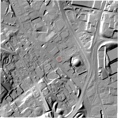 Shaded relief map of the ground around LS72RE, computed from Environment Agency LiDAR. The ground here sits at about 36 m above sea level and falls 36 m across the surrounding 800 m. Surface water reaching this point runs off ground lying to the north-east, 16.6 m higher.