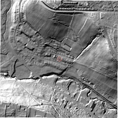 Shaded relief map of the ground around LS72SG, computed from Environment Agency LiDAR. The ground here sits at about 53 m above sea level and falls 75 m across the surrounding 800 m. Surface water reaching this point runs off ground lying to the north-east, 61.3 m higher.