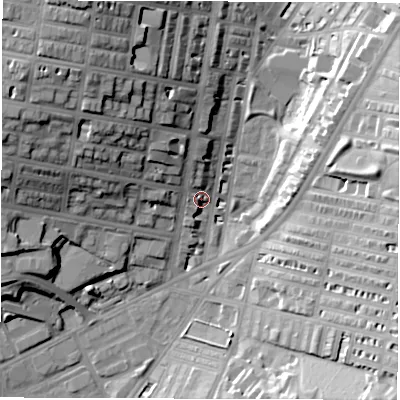 Shaded relief map of the ground around LS74DQ, computed from Environment Agency LiDAR. The ground here sits at about 42 m above sea level and falls 31 m across the surrounding 800 m. Surface water reaching this point runs off ground lying to the north-north-west, 18.9 m higher.