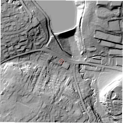 Shaded relief map of the ground around LS82JZ, computed from Environment Agency LiDAR. The ground here sits at about 73 m above sea level and falls 53 m across the surrounding 800 m. Surface water reaching this point runs off ground lying to the north-west, 12.3 m higher.