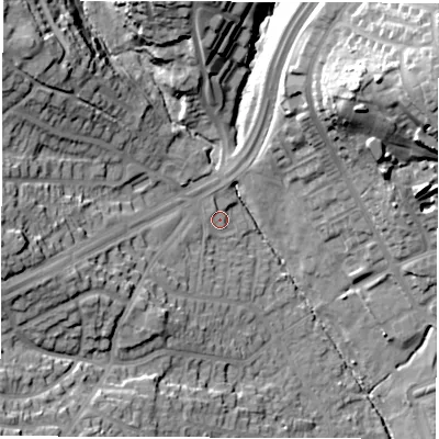 Shaded relief map of the ground around LS83AZ, computed from Environment Agency LiDAR. The ground here sits at about 59 m above sea level and falls 39 m across the surrounding 800 m. Surface water reaching this point runs off ground lying to the north-west, 23.8 m higher.