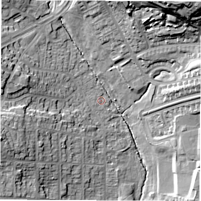 Shaded relief map of the ground around LS83BP, computed from Environment Agency LiDAR. The ground here sits at about 55 m above sea level and falls 37 m across the surrounding 800 m. Surface water reaching this point runs off ground lying to the west, 13.2 m higher.