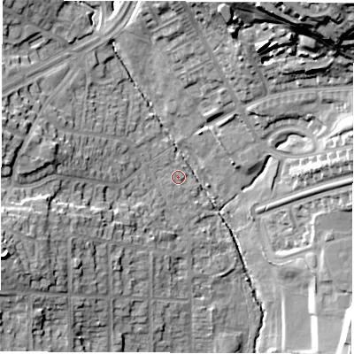 Shaded relief map of the ground around LS83BR, computed from Environment Agency LiDAR. The ground here sits at about 55 m above sea level and falls 40 m across the surrounding 800 m. Surface water reaching this point runs off ground lying to the west, 13.2 m higher.