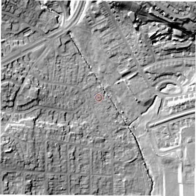 Shaded relief map of the ground around LS83BS, computed from Environment Agency LiDAR. The ground here sits at about 55 m above sea level and falls 42 m across the surrounding 800 m. Surface water reaching this point runs off ground lying to the west, 12.4 m higher.