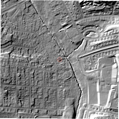 Shaded relief map of the ground around LS83BW, computed from Environment Agency LiDAR. The ground here sits at about 54 m above sea level and falls 30 m across the surrounding 800 m. Surface water reaching this point runs off ground lying to the west, 14.5 m higher.