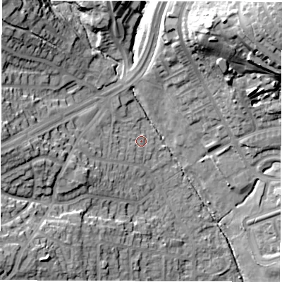 Shaded relief map of the ground around LS83BX, computed from Environment Agency LiDAR. The ground here sits at about 58 m above sea level and falls 41 m across the surrounding 800 m. Surface water reaching this point runs off ground lying to the west-south-west, 4.4 m higher.