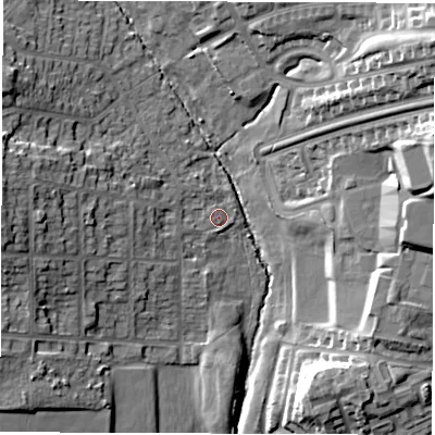 Shaded relief map of the ground around LS83EE, computed from Environment Agency LiDAR. The ground here sits at about 53 m above sea level and falls 27 m across the surrounding 800 m. Surface water reaching this point runs off ground lying to the west, 14.3 m higher.