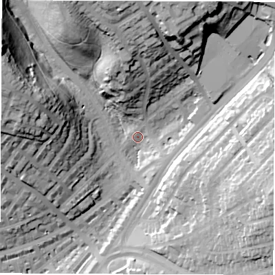 Shaded relief map of the ground around LS84BX, computed from Environment Agency LiDAR. The ground here sits at about 52 m above sea level and falls 51 m across the surrounding 800 m. Surface water reaching this point runs off ground lying to the west-north-west, 45.9 m higher.