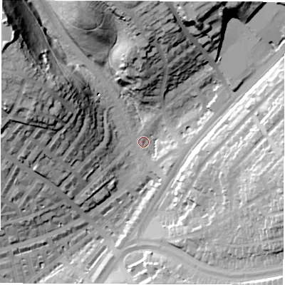 Shaded relief map of the ground around LS84DP, computed from Environment Agency LiDAR. The ground here sits at about 51 m above sea level and falls 52 m across the surrounding 800 m. Surface water reaching this point runs off ground lying to the north-west, 46.3 m higher.