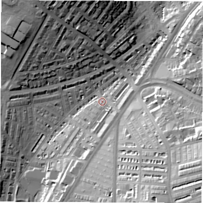Shaded relief map of the ground around LS84EJ, computed from Environment Agency LiDAR. The ground here sits at about 48 m above sea level and falls 41 m across the surrounding 800 m. Surface water reaching this point runs off ground lying to the south-south-east, 6.8 m higher.