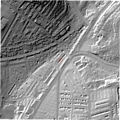 Shaded relief map of the ground around LS84EL, computed from Environment Agency LiDAR. The ground here sits at about 49 m above sea level and falls 45 m across the surrounding 800 m. Surface water reaching this point runs off ground lying to the south-east, 34.7 m higher.