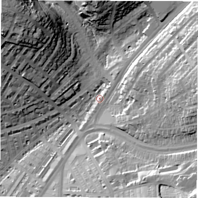 Shaded relief map of the ground around LS84HT, computed from Environment Agency LiDAR. The ground here sits at about 51 m above sea level and falls 48 m across the surrounding 800 m. Surface water reaching this point runs off ground lying to the north-east, 9.2 m higher.