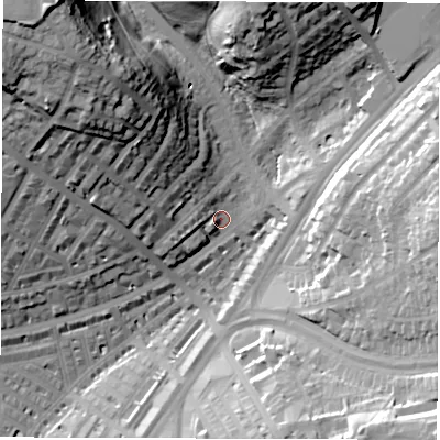 Shaded relief map of the ground around LS84HU, computed from Environment Agency LiDAR. The ground here sits at about 51 m above sea level and falls 54 m across the surrounding 800 m. Surface water reaching this point runs off ground lying to the north-west, 41.0 m higher.