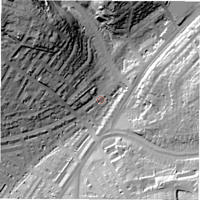 Shaded relief map of the ground around LS84HX, computed from Environment Agency LiDAR. The ground here sits at about 50 m above sea level and falls 52 m across the surrounding 800 m. Surface water reaching this point runs off ground lying to the north-west, 40.4 m higher.