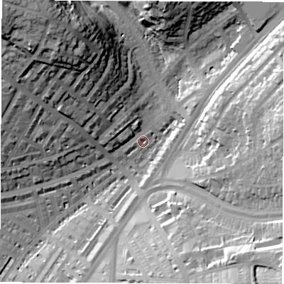 Shaded relief map of the ground around LS84HY, computed from Environment Agency LiDAR. The ground here sits at about 49 m above sea level and falls 50 m across the surrounding 800 m. Surface water reaching this point runs off ground lying to the north-west, 40.4 m higher.