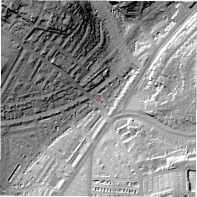 Shaded relief map of the ground around LS84HZ, computed from Environment Agency LiDAR. The ground here sits at about 49 m above sea level and falls 49 m across the surrounding 800 m. Surface water reaching this point runs off ground lying to the north-north-west, 40.5 m higher.