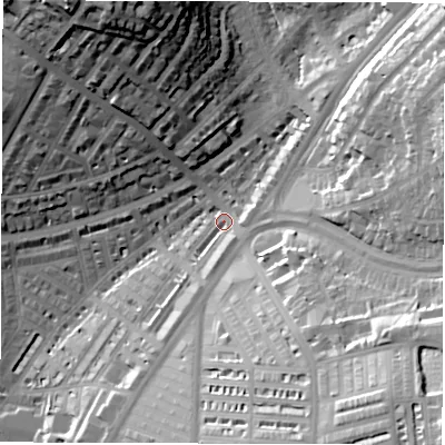 Shaded relief map of the ground around LS84JA, computed from Environment Agency LiDAR. The ground here sits at about 49 m above sea level and falls 45 m across the surrounding 800 m. Surface water reaching this point runs off ground lying to the south-east, 39.4 m higher.