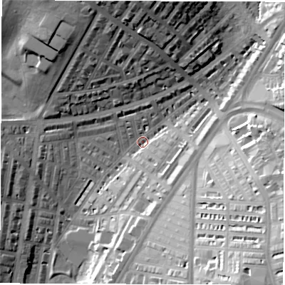 Shaded relief map of the ground around LS84JB, computed from Environment Agency LiDAR. The ground here sits at about 45 m above sea level and falls 37 m across the surrounding 800 m. Surface water reaching this point runs off ground lying to the south-east, 33.7 m higher.