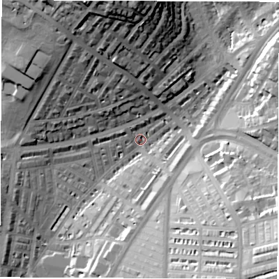 Shaded relief map of the ground around LS84JD, computed from Environment Agency LiDAR. The ground here sits at about 47 m above sea level and falls 43 m across the surrounding 800 m. Surface water reaching this point runs off ground lying to the north, 38.6 m higher.