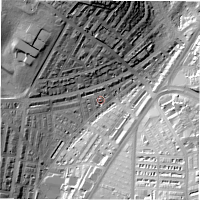 Shaded relief map of the ground around LS84JF, computed from Environment Agency LiDAR. The ground here sits at about 47 m above sea level and falls 41 m across the surrounding 800 m. Surface water reaching this point runs off ground lying to the north, 36.4 m higher.