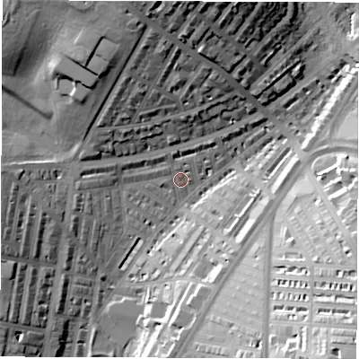 Shaded relief map of the ground around LS84JH, computed from Environment Agency LiDAR. The ground here sits at about 46 m above sea level and falls 35 m across the surrounding 800 m. Surface water reaching this point runs off ground lying to the north, 23.6 m higher.
