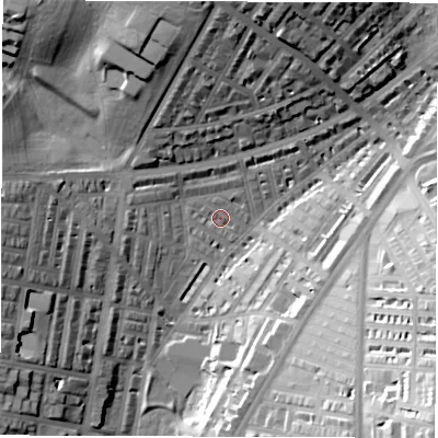 Shaded relief map of the ground around LS84JL, computed from Environment Agency LiDAR. The ground here sits at about 45 m above sea level and falls 36 m across the surrounding 800 m. Surface water reaching this point runs off ground lying to the north, 23.5 m higher.