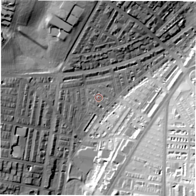 Shaded relief map of the ground around LS84JN, computed from Environment Agency LiDAR. The ground here sits at about 45 m above sea level and falls 36 m across the surrounding 800 m. Surface water reaching this point runs off ground lying to the north, 23.7 m higher.