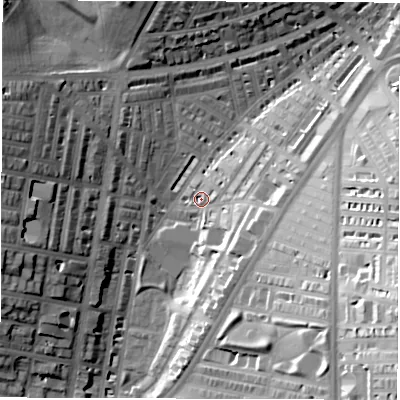 Shaded relief map of the ground around LS84JR, computed from Environment Agency LiDAR. The ground here sits at about 43 m above sea level and falls 39 m across the surrounding 800 m. Surface water reaching this point runs off ground lying to the east-south-east, 35.6 m higher.