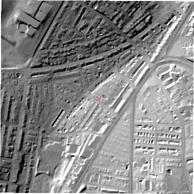Shaded relief map of the ground around LS84JU, computed from Environment Agency LiDAR. The ground here sits at about 47 m above sea level and falls 38 m across the surrounding 800 m. Surface water reaching this point runs off ground lying to the south-south-east, 16.8 m higher.