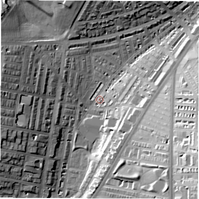 Shaded relief map of the ground around LS84LD, computed from Environment Agency LiDAR. The ground here sits at about 43 m above sea level and falls 36 m across the surrounding 800 m. Surface water reaching this point runs off ground lying to the south-east, 33.3 m higher.