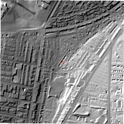 Shaded relief map of the ground around LS84LE, computed from Environment Agency LiDAR. The ground here sits at about 42 m above sea level and falls 35 m across the surrounding 800 m. Surface water reaching this point runs off ground lying to the south-east, 31.9 m higher.