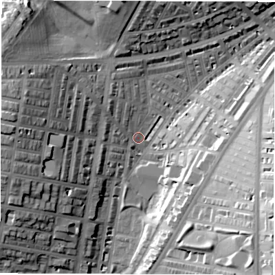 Shaded relief map of the ground around LS84LG, computed from Environment Agency LiDAR. The ground here sits at about 43 m above sea level and falls 31 m across the surrounding 800 m. Surface water reaching this point runs off ground lying to the west, 25.5 m higher.