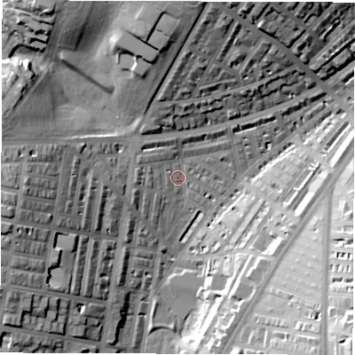 Shaded relief map of the ground around LS84LP, computed from Environment Agency LiDAR. The ground here sits at about 45 m above sea level and falls 30 m across the surrounding 800 m. Surface water reaching this point runs off ground lying to the north, 26.0 m higher.