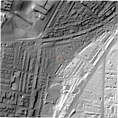 Shaded relief map of the ground around LS84LR, computed from Environment Agency LiDAR. The ground here sits at about 44 m above sea level and falls 33 m across the surrounding 800 m. Surface water reaching this point runs off ground lying to the north-north-west, 25.0 m higher.