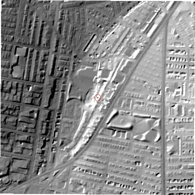 Shaded relief map of the ground around LS85AD, computed from Environment Agency LiDAR. The ground here sits at about 47 m above sea level and falls 41 m across the surrounding 800 m. Surface water reaching this point runs off ground lying to the east-south-east, 8.0 m higher.