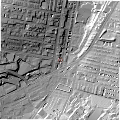 Shaded relief map of the ground around LS85AF, computed from Environment Agency LiDAR. The ground here sits at about 40 m above sea level and falls 31 m across the surrounding 800 m. Surface water reaching this point runs off ground lying to the north-north-west, 20.2 m higher.