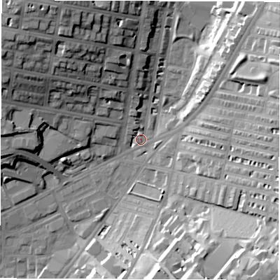 Shaded relief map of the ground around LS85AQ, computed from Environment Agency LiDAR. The ground here sits at about 38 m above sea level and falls 30 m across the surrounding 800 m. Surface water reaching this point runs off ground lying to the north-west, 25.7 m higher.