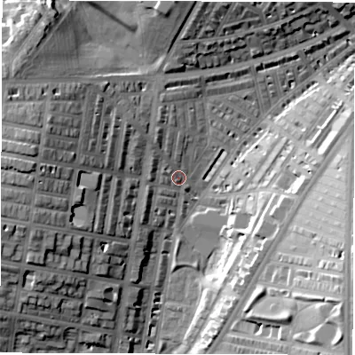 Shaded relief map of the ground around LS85AT, computed from Environment Agency LiDAR. The ground here sits at about 45 m above sea level and falls 28 m across the surrounding 800 m. Surface water reaching this point runs off ground lying to the west, 22.6 m higher.