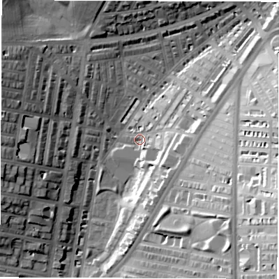 Shaded relief map of the ground around LS85AW, computed from Environment Agency LiDAR. The ground here sits at about 43 m above sea level and falls 38 m across the surrounding 800 m. Surface water reaching this point runs off ground lying to the east, 11.5 m higher.