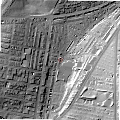 Shaded relief map of the ground around LS85AX, computed from Environment Agency LiDAR. The ground here sits at about 43 m above sea level and falls 29 m across the surrounding 800 m. Surface water reaching this point runs off ground lying to the west-north-west, 24.6 m higher.