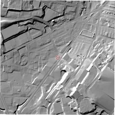 Shaded relief map of the ground around LS85DR, computed from Environment Agency LiDAR. The ground here sits at about 36 m above sea level and falls 32 m across the surrounding 800 m. Surface water reaching this point runs off ground lying to the east-south-east, 23.7 m higher.