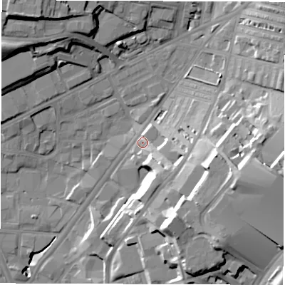 Shaded relief map of the ground around LS85DT, computed from Environment Agency LiDAR. The ground here sits at about 39 m above sea level and falls 33 m across the surrounding 800 m. Surface water reaching this point runs off ground lying to the south-east, 11.3 m higher.