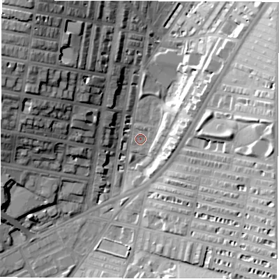 Shaded relief map of the ground around LS85EB, computed from Environment Agency LiDAR. The ground here sits at about 41 m above sea level and falls 31 m across the surrounding 800 m. Surface water reaching this point runs off ground lying to the north-west, 26.3 m higher.