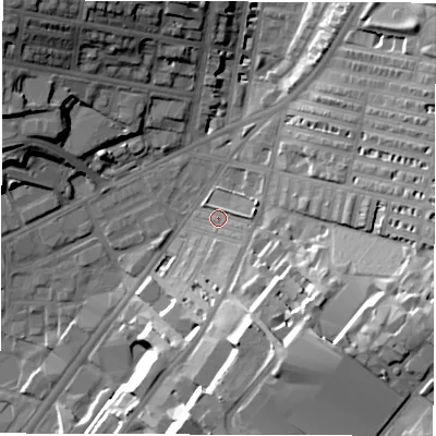 Shaded relief map of the ground around LS85EP, computed from Environment Agency LiDAR. The ground here sits at about 39 m above sea level and falls 28 m across the surrounding 800 m. Surface water reaching this point runs off ground lying to the south-east, 3.8 m higher.