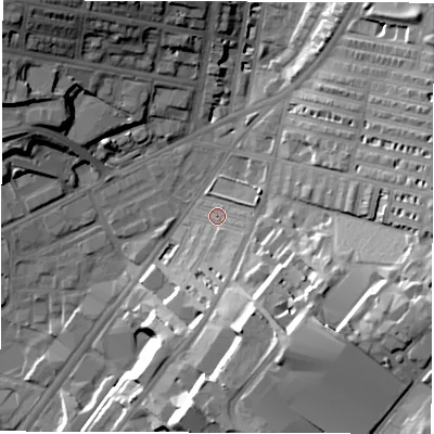 Shaded relief map of the ground around LS85EW, computed from Environment Agency LiDAR. The ground here sits at about 39 m above sea level and falls 29 m across the surrounding 800 m. Surface water reaching this point runs off ground lying to the south-south-east, 5.9 m higher.